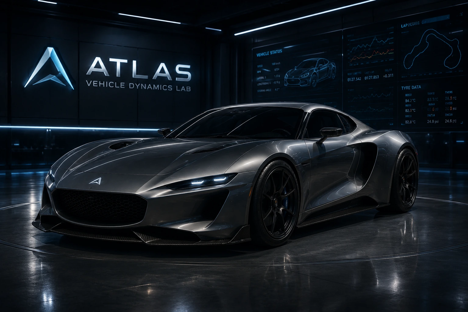 Original ATLAS concept artwork: a graphite prototype in a vehicle dynamics lab with telemetry displays
